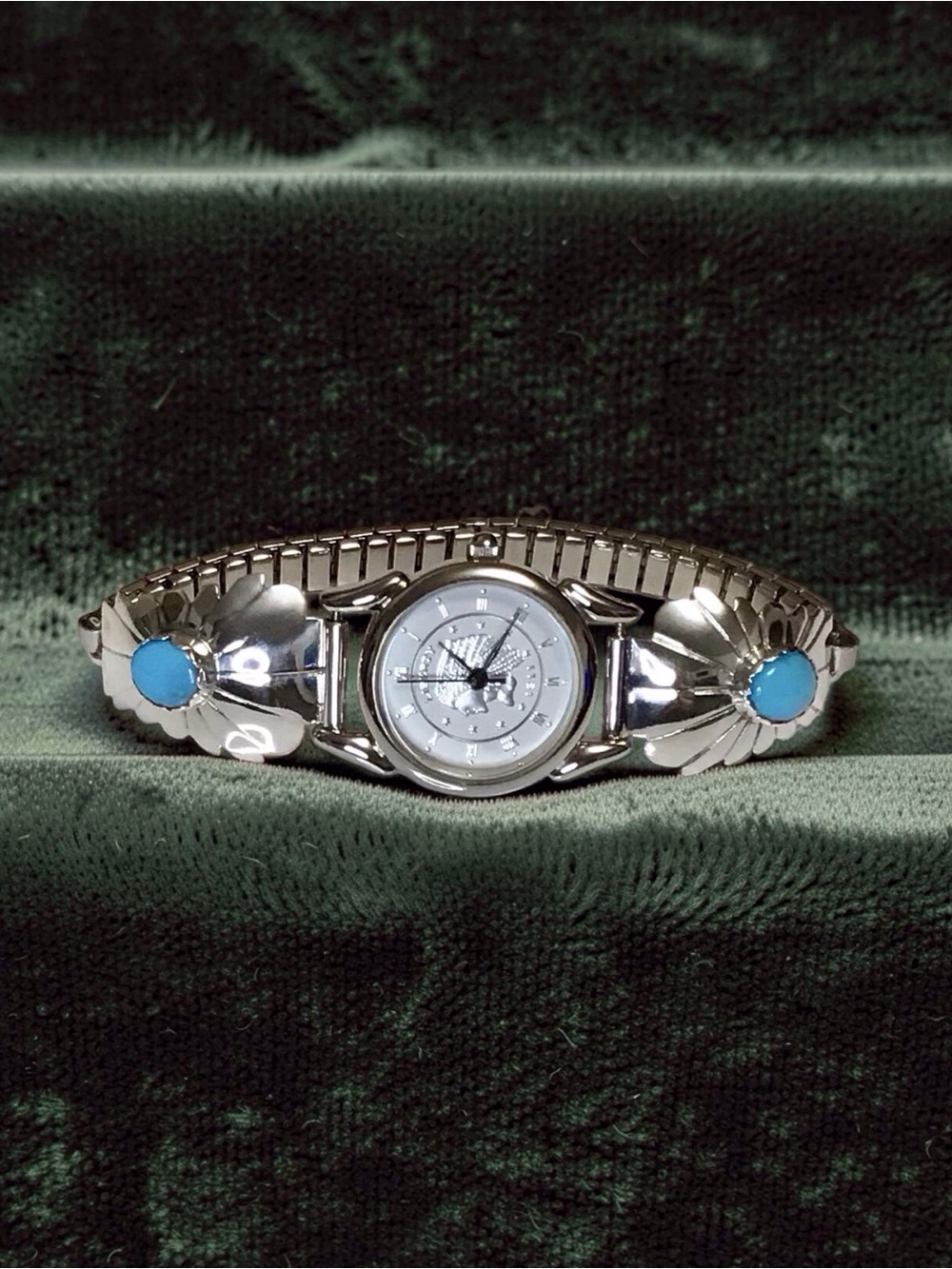 Sterling/Turquoise Zuni Watch Tips Signed JH With Indian Coin Motif Watch